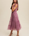 Listicle Smocked Ruffle Tiered Mesh Midi Maxi Dress