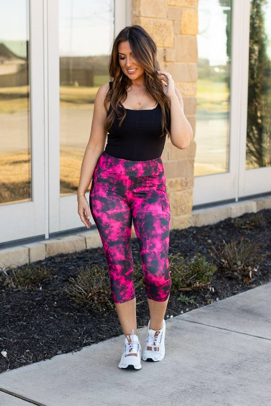 Julia Rose Pink and Black Tie Dye CAPRI with POCKETS