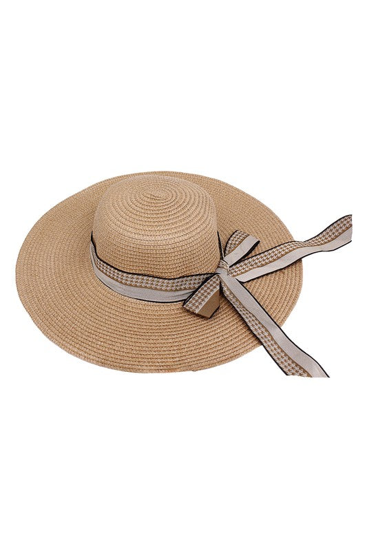 Houndstooth Ribbon Bow Straw Sun Hat