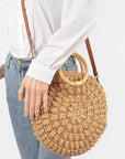 Wooden Handle Crochet Straw Circle Bag