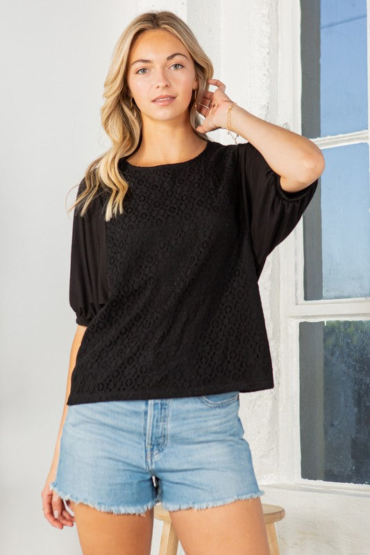 Lace Overlay Puff Sleeve Top