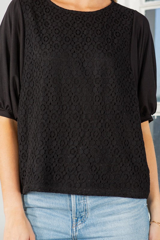 Lace Overlay Puff Sleeve Top