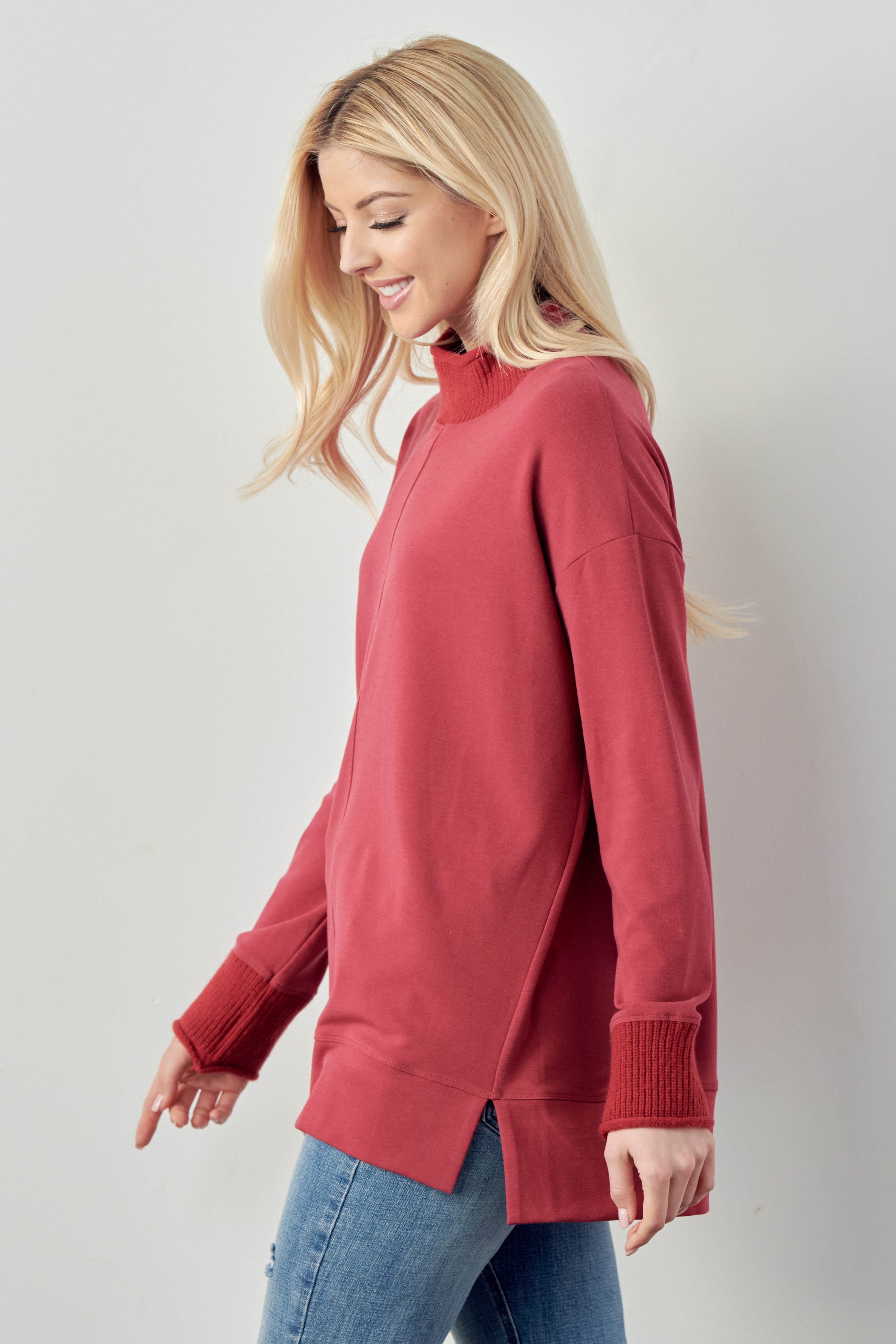 Felisa Knit Top with Ribbed Mock Neck