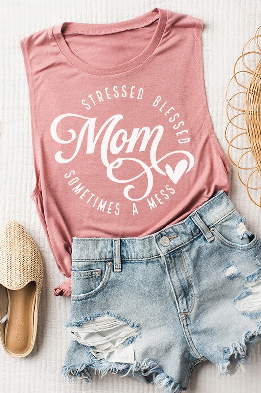 Mom Stressed Blessed Mess  Muscle Tank Top