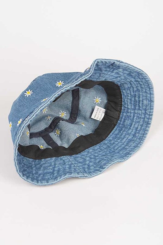 Flower Embroidered Denim Bucket Hat