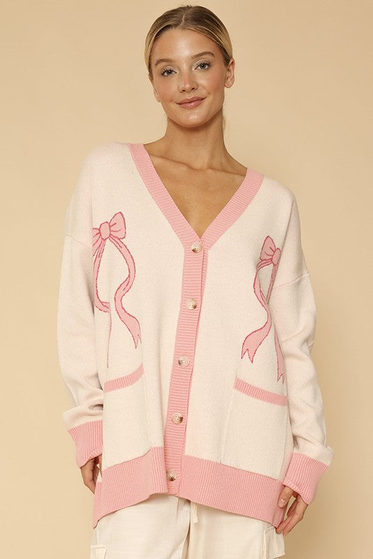 Miss Sparkling Varsity Knit Bow Cardigan