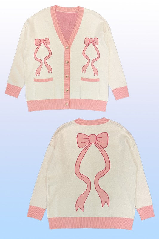 Miss Sparkling Varsity Knit Bow Cardigan