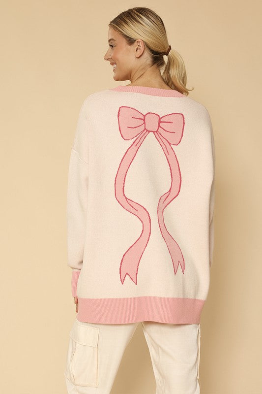 Miss Sparkling Varsity Knit Bow Cardigan