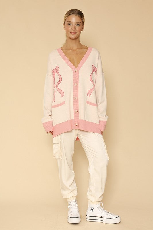Miss Sparkling Varsity Knit Bow Cardigan