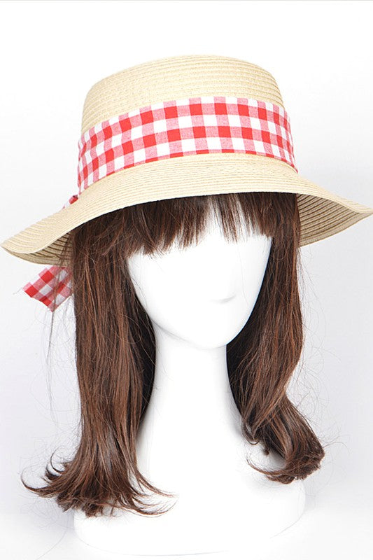 Checker Hat Band Straw Sun Hat