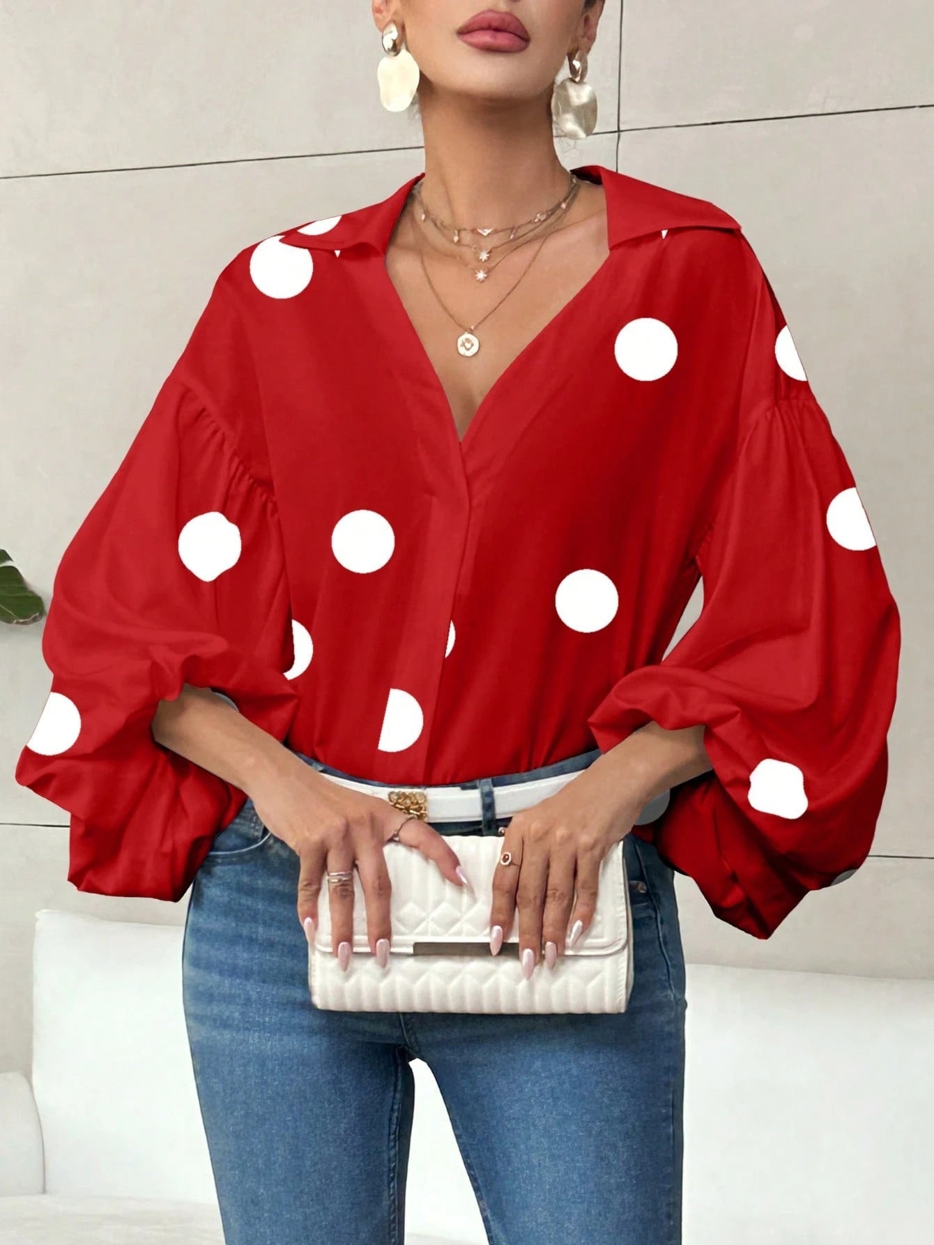 Polka Dot Bubble Sleeve Blouse