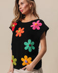 BiBi Flower Round Neck Cap Sleeve Knit Top