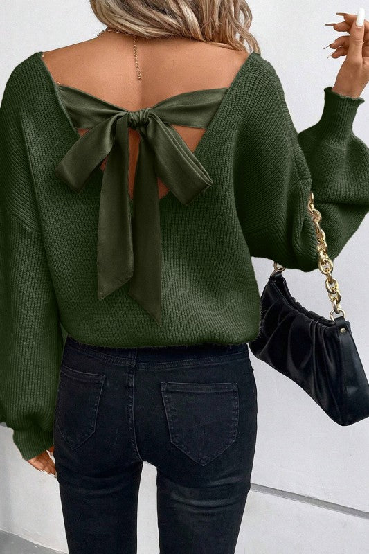 Bow Back Lantern Sleeve V-Neck Sweater