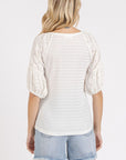 Mittoshop Mixed Media Textured Knit Popcorn Puff Sleeve Blouse