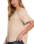 Zenana Back Patch Crinkle Washed Raglan Sleeve T-Shirt