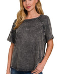 Zenana Back Patch Crinkle Washed Raglan Sleeve T-Shirt