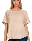 Zenana Back Patch Crinkle Washed Raglan Sleeve T-Shirt