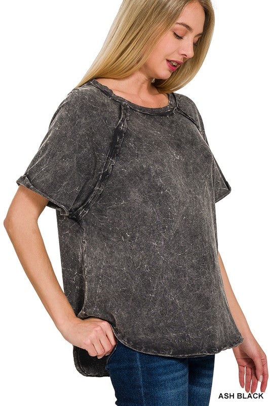 Zenana Back Patch Crinkle Washed Raglan Sleeve T-Shirt