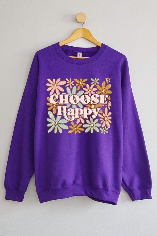 Choose Happy Floral Graphic Fleece Sweatshirts