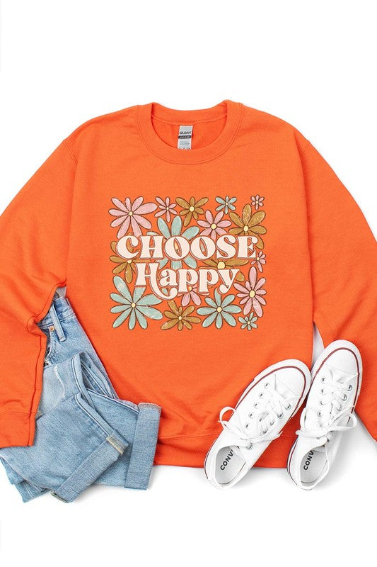 Choose Happy Floral Graphic Fleece Sweatshirts