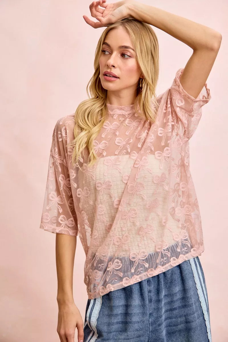 BiBi Bow Pattern Short Sleeves Boxy Mesh Top