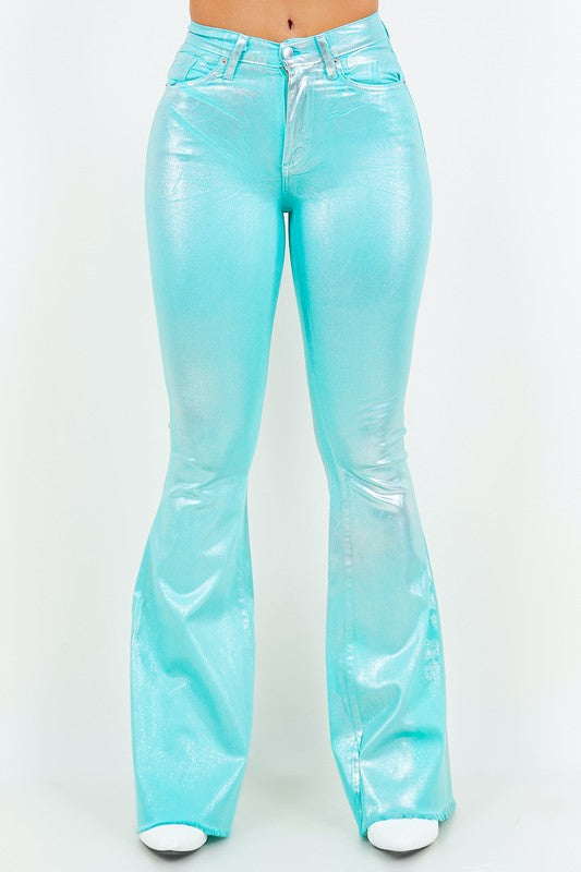 GJG Denim Metallic Bell Bottom Jean in Turquoise
