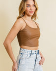 Leto Accessories Strap Faux Leather Crop Cami Top