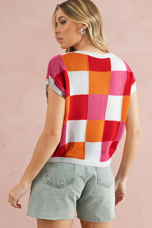 Color Block Cap Sleeve Sweater