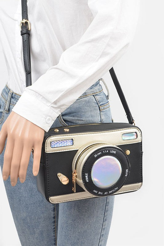 Patent Finish Top Handle Convertible Clutch Bag - Camera Themed