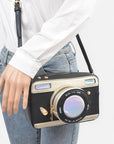 Patent Finish Top Handle Convertible Clutch Bag - Camera Themed