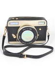 Patent Finish Top Handle Convertible Clutch Bag - Camera Themed