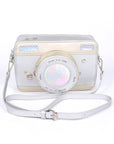 Patent Finish Top Handle Convertible Clutch Bag - Camera Themed