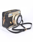 Patent Finish Top Handle Convertible Clutch Bag - Camera Themed