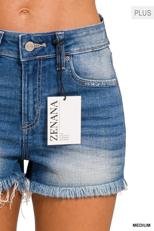 ZENANA Plus Mid Rise Raw Frayed Hem Denim Shorts