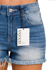 ZENANA Plus Mid Rise Raw Frayed Hem Denim Shorts