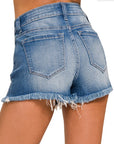 ZENANA Plus Mid Rise Raw Frayed Hem Denim Shorts