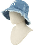 Distressed Denim NY Bucket Hat with Wired Brim