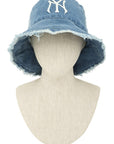 Distressed Denim NY Bucket Hat with Wired Brim