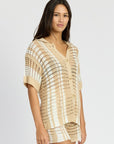 Emory Park Button Up Striped Crochet Top