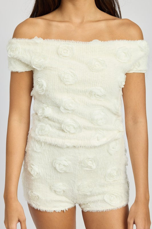 Emory Park Off Shoulder Top with Rosette Detail