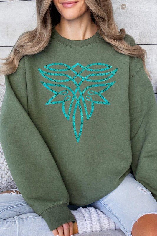 Turquoise Boot Stitch Graphic Fleece Sweatshirts