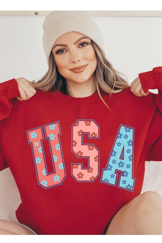 Floral USA Oversized Graphic Fleece Sweatshirts