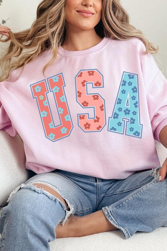 Floral USA Oversized Graphic Fleece Sweatshirts