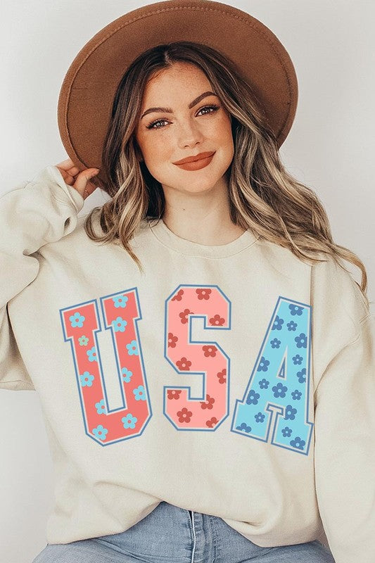 Floral USA Oversized Graphic Fleece Sweatshirts