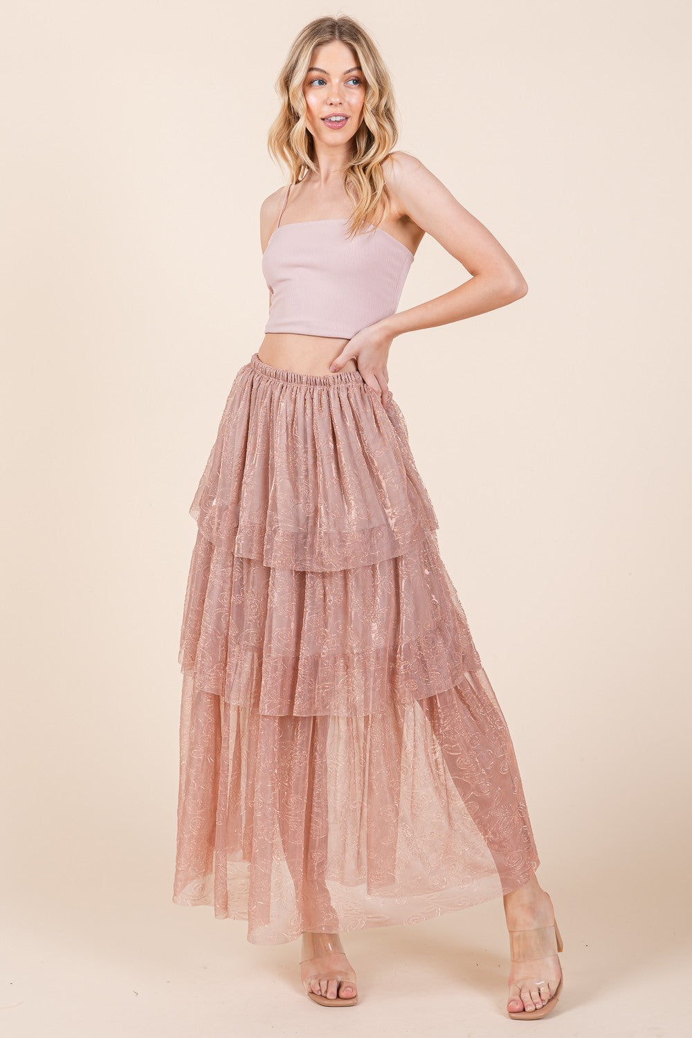 Tiered Mesh Tulle Maxi Skirt — Embossed Romantic Ruffle Skirt