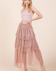 Tiered Mesh Tulle Maxi Skirt — Embossed Romantic Ruffle Skirt