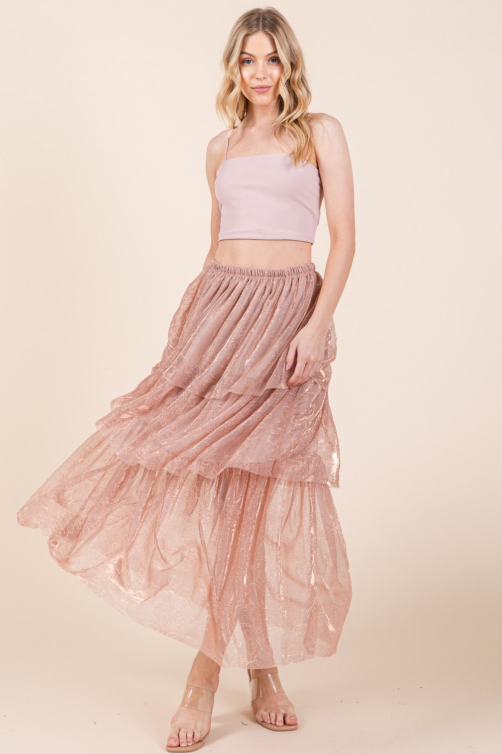 Tiered Mesh Tulle Maxi Skirt — Embossed Romantic Ruffle Skirt