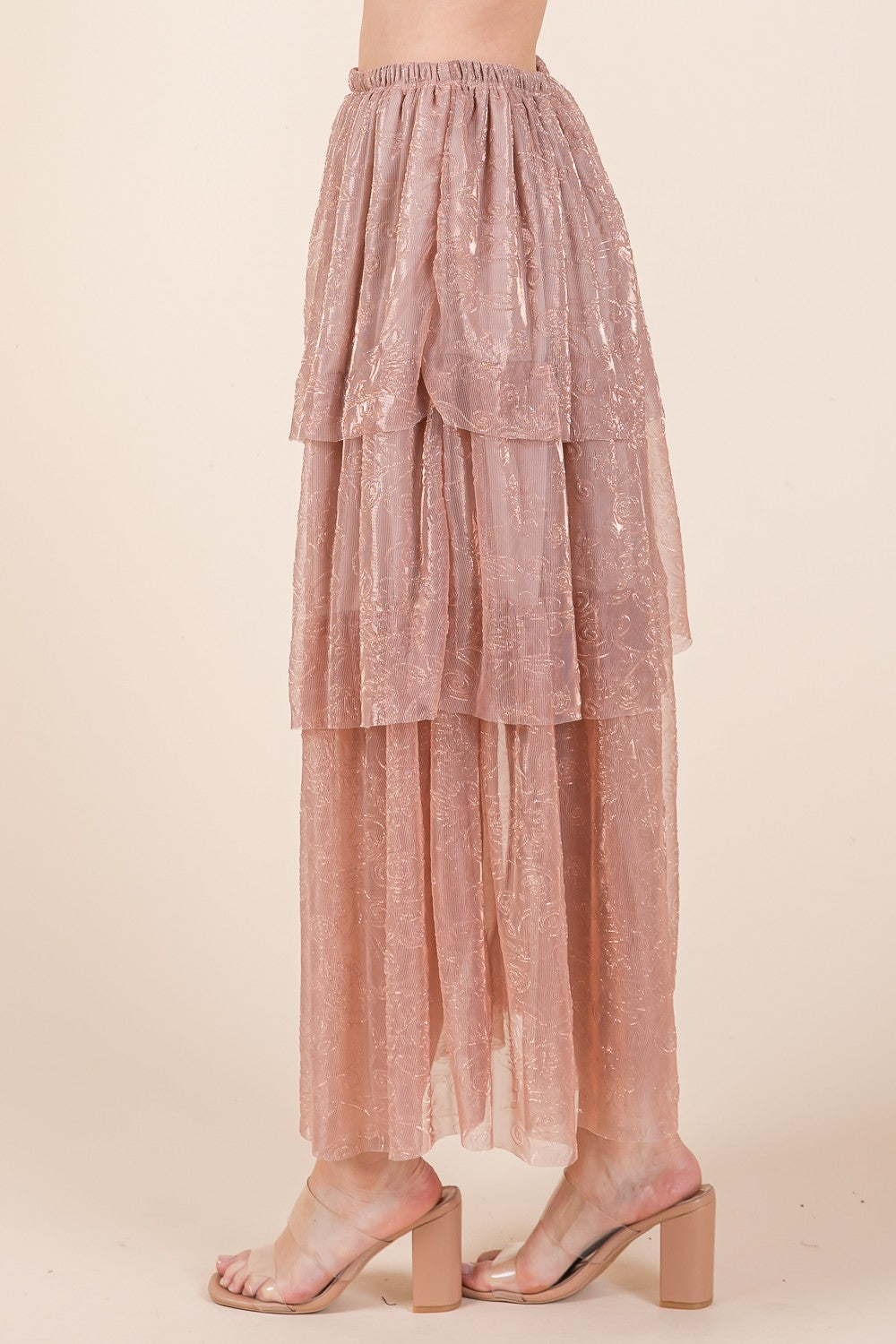 Tiered Mesh Tulle Maxi Skirt — Embossed Romantic Ruffle Skirt