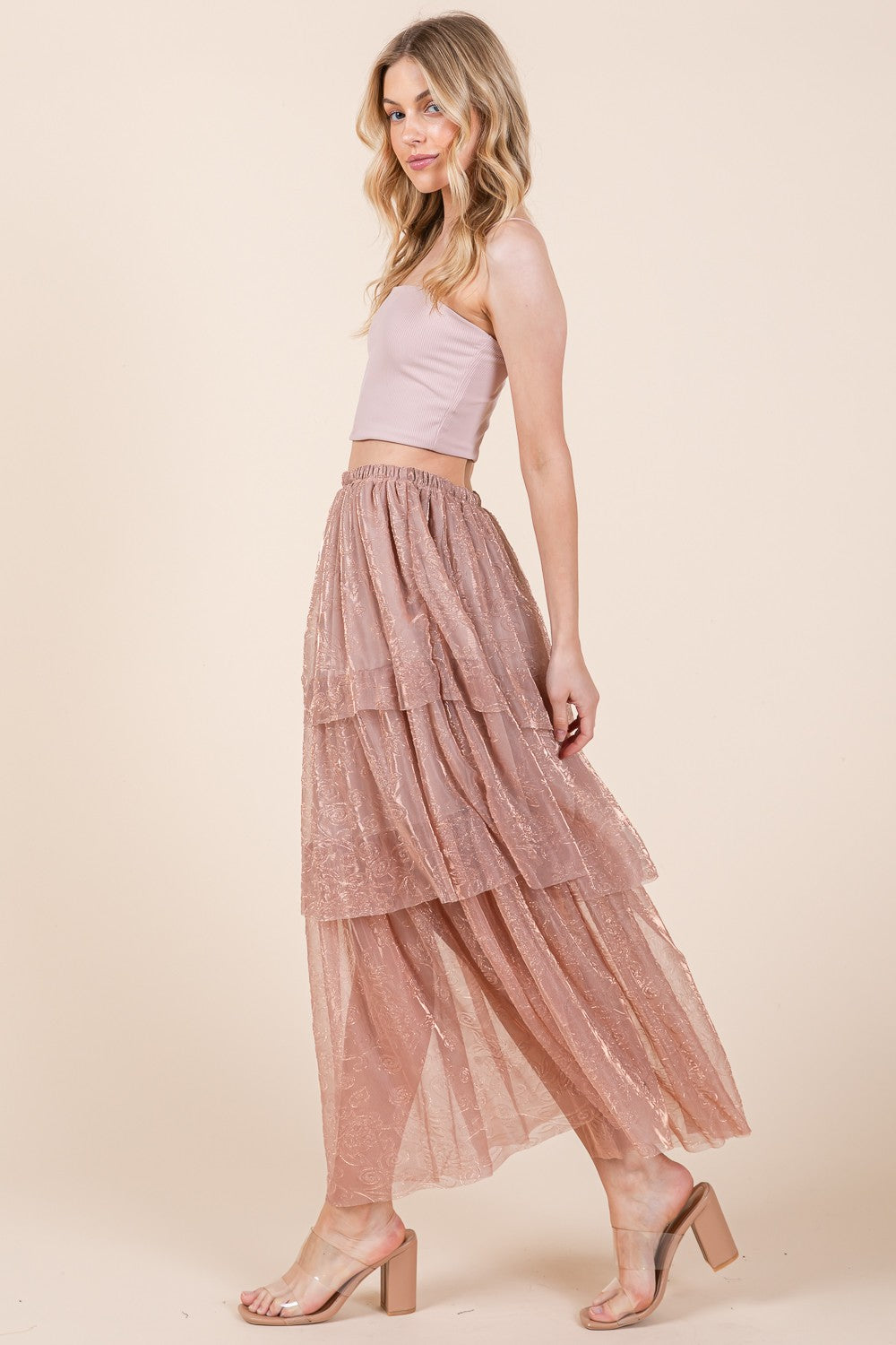 Tiered Mesh Tulle Maxi Skirt — Embossed Romantic Ruffle Skirt