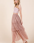 Tiered Mesh Tulle Maxi Skirt — Embossed Romantic Ruffle Skirt